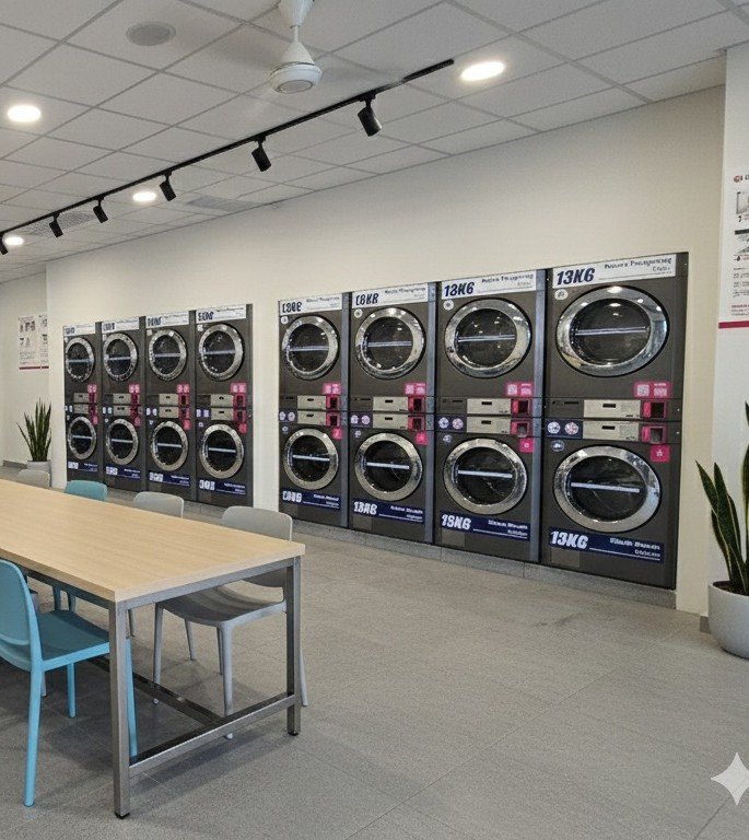 White laundromat with a row of stacked washer-dryers and a long folding table